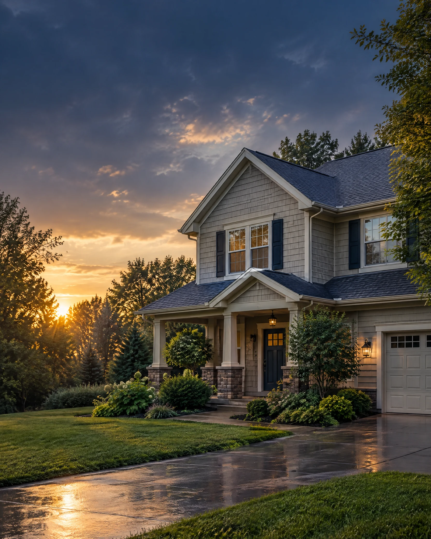 A well-kept American home in warm evening light